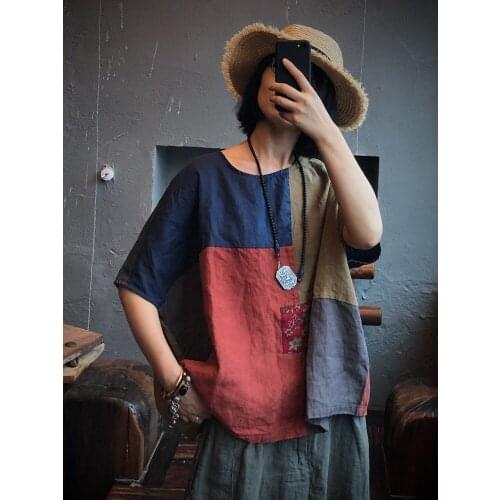 Women Loose Patchwork Linen Blouse Tops Ladies Spliced Shirt Female 2020 Flax Patchwork Plus Size Blouses Summer 2020