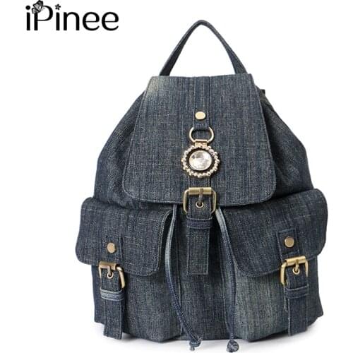 IPinee Denim Backpack Women School Backpacks Bag for Teenage Girls Vintage Laptop Rucksack Bagpack Female Schoolbag Mochila