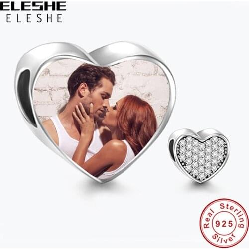 ELESHE Austrian Rhinestone Heart Charms Custom Photo 925 Sterling Silver Beads fit Original Bracelet for Lover Birthday Gift