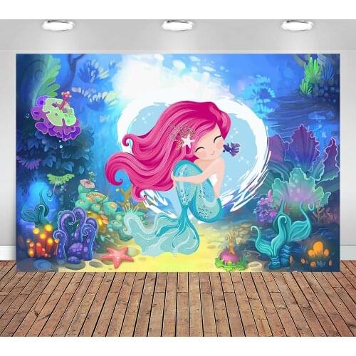 Little mermaid themed Circle photography backdrop pink blue round photo booth background bay shower birthday party under the sea