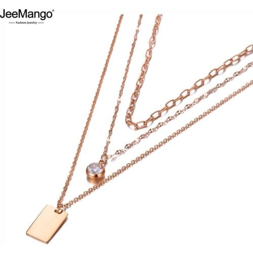 JeeMango Goth Three-layer Rectangle Charm Pendant Necklace Titanium Stainless Steel CZ Crystal Choker Necklace For Women JN20096