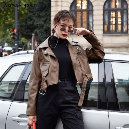 Korean Womens Slim Short Leather Motorcycle Jacket Khaki With Belt Fashion Faux Leather Zip Cuffs Autumn Jaqueta Couro Feminina