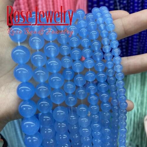 Natural Stone Blue Jades Chalcedony Beads Round Loose Spacer Beads 4 6 8 10 12 14 mm 15" Strand DIY Bracelet For Jewelry Making
