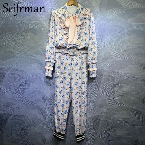 Seifrmann Summer Women Fashion Runway Pants Set Ruffles Lantern Sleeve Loose Blouses + Pinted Long Pants 2 Two Pieces Suits 2021