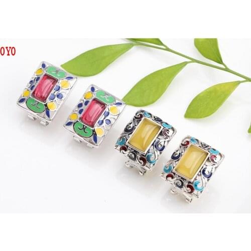 [S925] silver inlay natural lapis lazuli stone Shaolan Cloisonne ear earrings