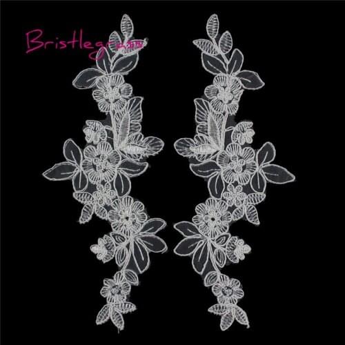 BRISTLEGRASS 1 Pair Off White Embroidered Flower Leaf Applique Patches Tulle Mesh Lace Trims Bridal Wedding Dress Costume Sewing