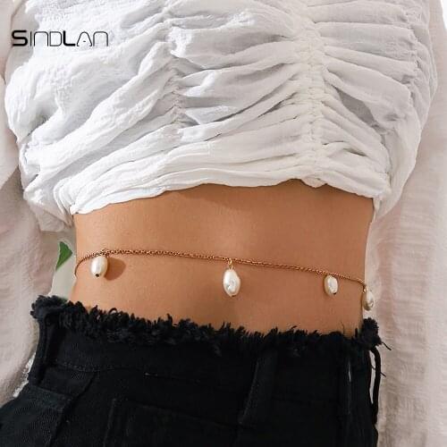 Sindlan One Piece Sexy Gold Pearl Waist Chain for Women Aesthetic Simple Female Vintage Y2k Fashion Belly Cool Body Jewelry Gift