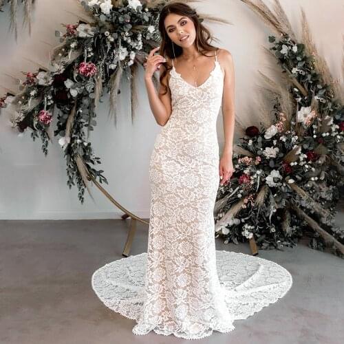 Spaghetti Straps Lace Boho Wedding Dress Column Sheath Backless 2021 Beach Nude Short Train Plus Size Bridal Gowns Large Sizes