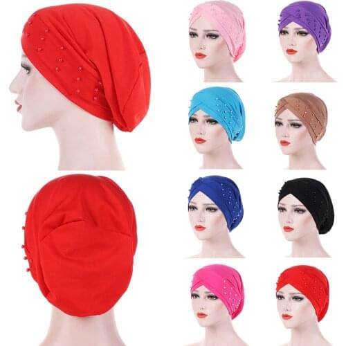2020 New Muslim Forehead Cross Turban Hat Hijab Cap Women Bandana Beaded Female Head Scarf Headwrap Women Muslim Hijab Headband