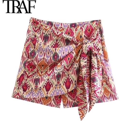 TRAF Women Fashion With Knotted Totem Print Shorts Skirts Vintage High Waist Side Zipper Female Skirts Mujer