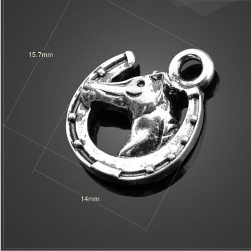 Factory price 20 PCS/Lot 14mm*15.7mm small metal diy handmade antique silver plated horse head and lucky horse shoe charms