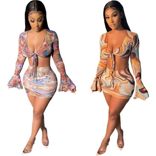 1L215 Summer Women Sexy Navel Transparent Net Gauze Print Beach Flared Sleeve Short Skirt Suit Hot