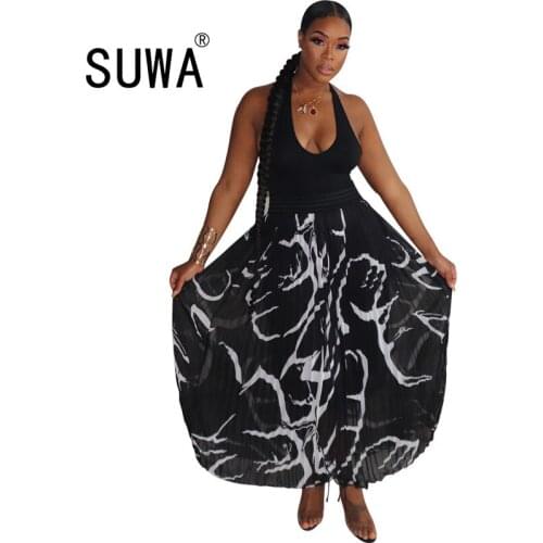 Tie Dye Vintage Long Party Women Two Piece Set Halter Neck Sleeveless Top + Pleated Skirts Vestidos Office Lady Backless Dresses