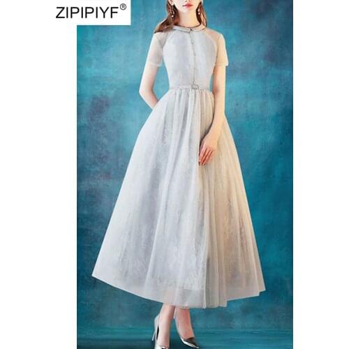 2021 Summer Runway Fashion Euro Style O Neck See Through Short Sleeve Ball Gown High Waist Embroidery Lace Maxi Dresses Z395