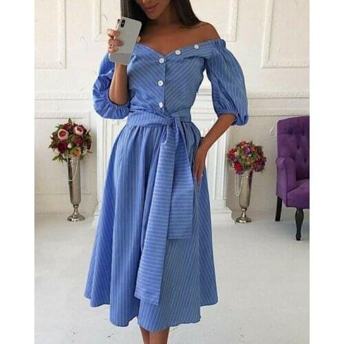 2019 New Women Casual Blue Half Sleeve Striped Dress Summer Women V-Neck High Waist Loose Striped Dress