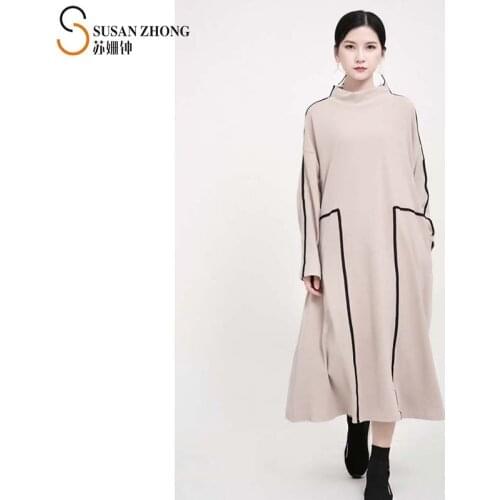 Women Dress Female One-Piece Japanese Style Designer Fall Spring A-Line Mock Neck Batwing Sleeve Patchwork Spliced Pockets Loose