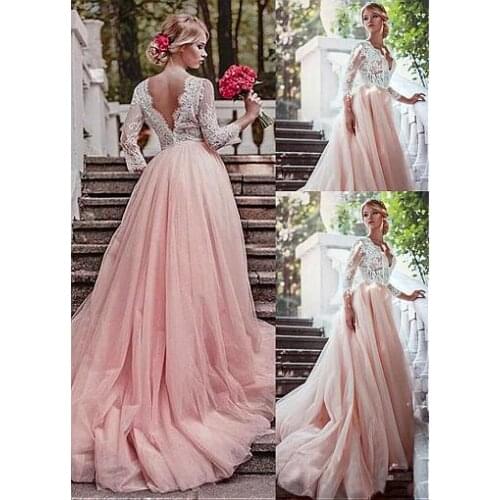 Romantic Tulle V-neck Pink Prom Dresses Neckline Illusion Sleeves A-Line Long Evening Gowns Floor Length 2019 Hot