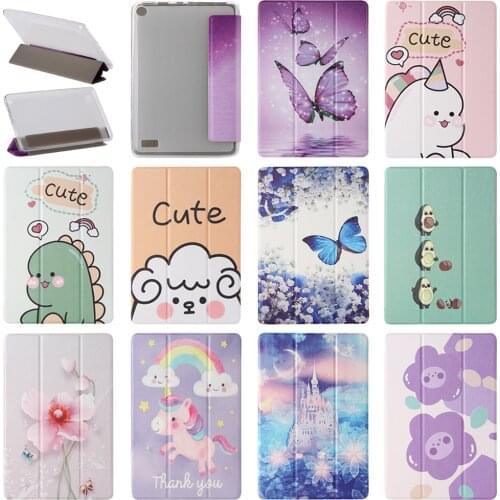 3D Cute Flower Print TPU+Leather Trifold Stand Slim Smart Case Cover for All-New Fire 7 9th Gen 2019 Release 2017/2015