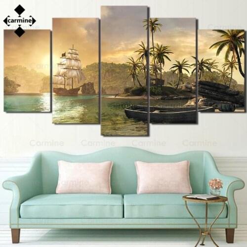 Decorative 5 Pieces Sailboat Wall Art Canvas Pictures Palm Tree Landscape Printing Paintings for Living Room Bedroom Decorations