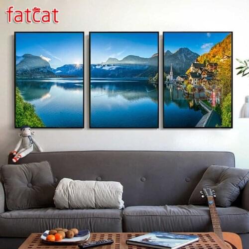 FATCAT Calm lake mountain landscape diy 5d diamond painting full square round drill mosaic embroidery triptych kits decor AE2733