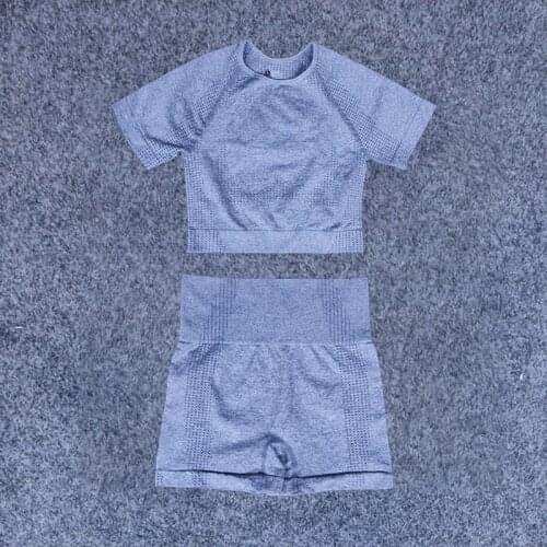 2Pcs/Set Seamless Fitness Bra Crop Top Short Sleeve Shorts Yoga Suit Women Summer Yoga Sportswear Workout Clothes Athletic Wear