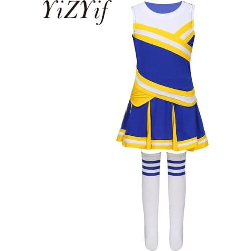 Kids Girls Cheerleader costume jazz Cheerleading Uniform Costume Cosplay Fancy Dress Sleeveless Tops with Pleated Skirt Socks