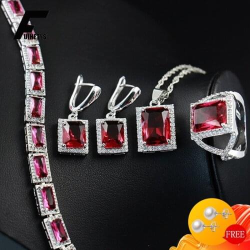 Luxury 925 Silver Jewelry Set Rings Earrings Necklace Bracelet with Ruby Zircon Gemstones Accessories for Women Wedding Party