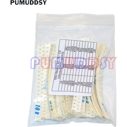 0603 SMD Resistor Kit Assorted Kit 1ohm-1M Ohm 1% PUMUDDSY 33valuesX 20pcs=660pcs Sample Kit