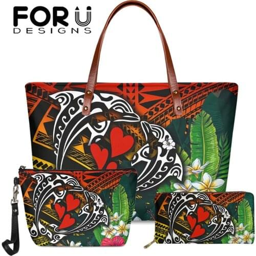 FORUDESIGNS Handbags And Purse Set Women Hawaii Dophin Couple Love Polynesian Flower Pattern Fashion Ladies Shoulder Bags Totes