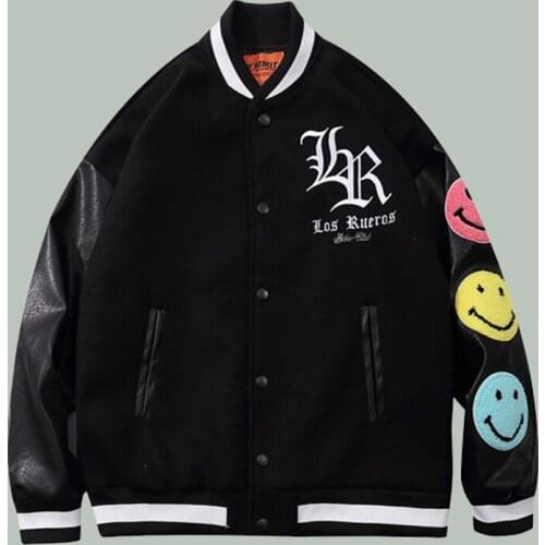 Embroidered Smiley Patchwork Hip-hop Baseball Jacket Harajuku Streetwear Couple Oversize Campus Colorblock Bomber Unisex Jackets