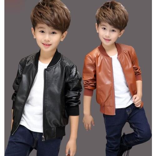Baby Boys PU Jackets 1-13 year old Threaded round neck jacket autumn and winter plus velvet thickening all season