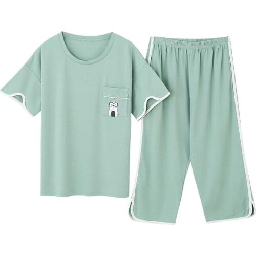 Summer Knitted Cotton Women Pajamas Set Cartoon Pyjamas Womens Short Sleeve Round Neck Casual Soft Plus Size 4XL Pijama Mujer