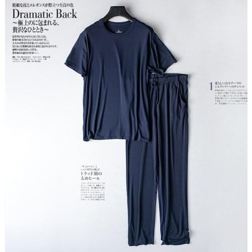 Mens spring and summer new modal pajamas two-piece short-sleeved trousers thin large size loose sports home wear suit sleepwear
