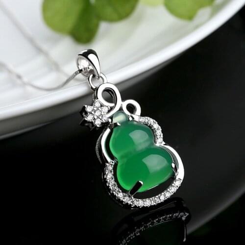 Natural Green Chalcedony Gourd Pendant Fashion Boutique Jewelry Hand Carved 925 Silver Inlaid Necklace for Men and Women
