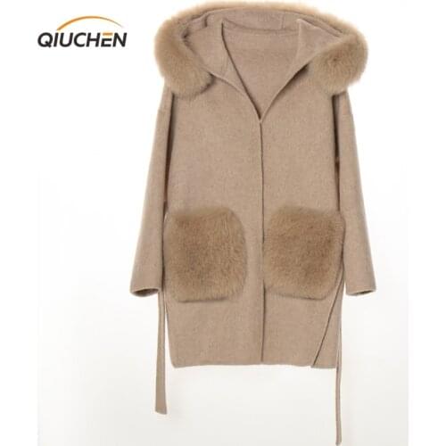 QIUCHEN PJ21004 2021 New arrival high quality cashmere women jacket real fur real fox fur collar Fashion model pocket with fur