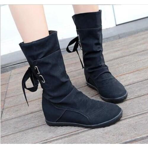 Newest Winter Boots New Women Fashion Boots Autumn Shoes with Lace-up Mid-Calf Solid Flat Heels PU Boots Black Snow Boots