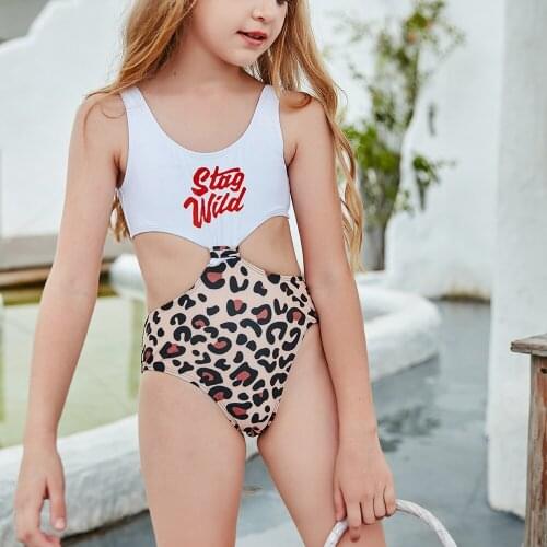 Girls Swimwear 4~13 Years Children Swimsuit Leopard One Piece Swimsuit Kid Girls Bathing Suit Beach Wear Letter Monokini