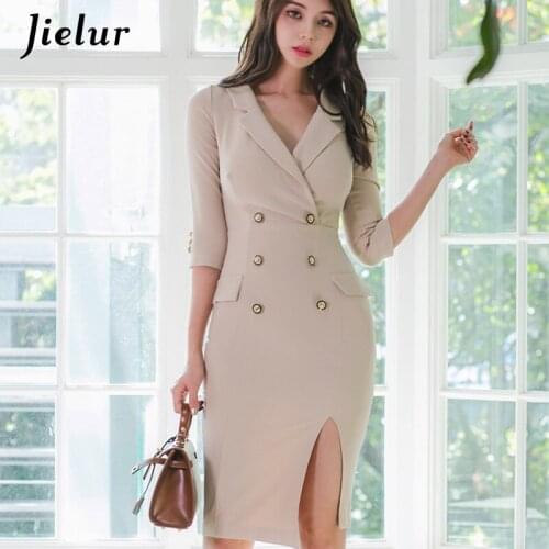 Jielur Dress Women Solid Color V-neck Dresses Button Split Skinny Robe Femme Bodycon Sukienki Apricot Spring 2021 New Dress