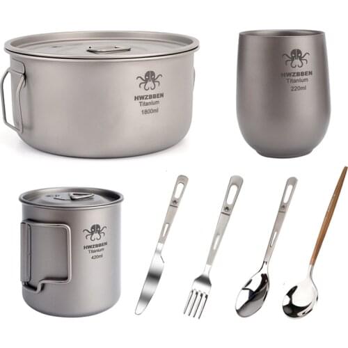 Camping Mug Titanium Cup Tableware Picnic Utensils Spoon Fork Outdoor Kitchen Travel Cooking set Cookware Hiking Chopsticks Pot