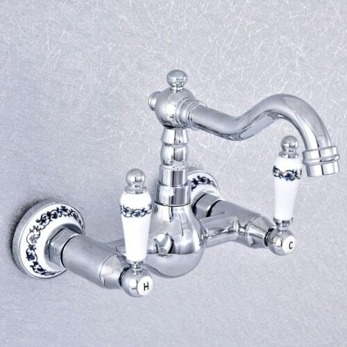 Polished Chrome Brass Wall Mounted Double Ceramic Handles Bathroom Kitchen Sink Faucet Mixer Tap Swivel Spout Lsf551