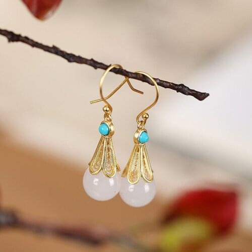 S925 Sterling Silver Gold Plated Personalized Natural Hetian Jade round Beads Fashion Temperament Ladies Elegant Earrings Eardro