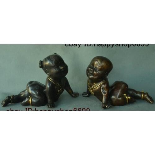 Old China Bronze Gilt Young Boys And Girls Tongzi Boy Kid Babe Bairn Statue Pair