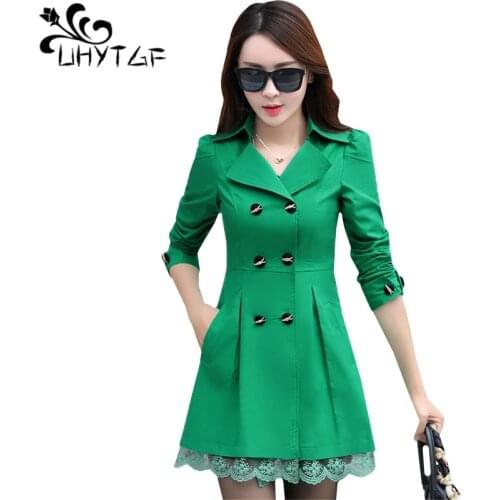 UHYTGF Autumn Winter jacket Womens Medium long section Double-breasted Lace Slim Ladies Windbreaker coat Elegant female coat 121