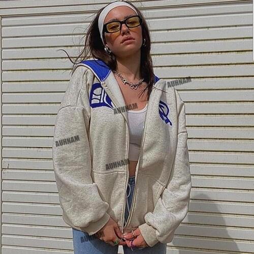 Y2K Oversized Hoodies Women Goth Clothes for Teens Zip Up Hoodies Loose Aesthetic Sweatshirts Vintage Letter Print Sweatshirt