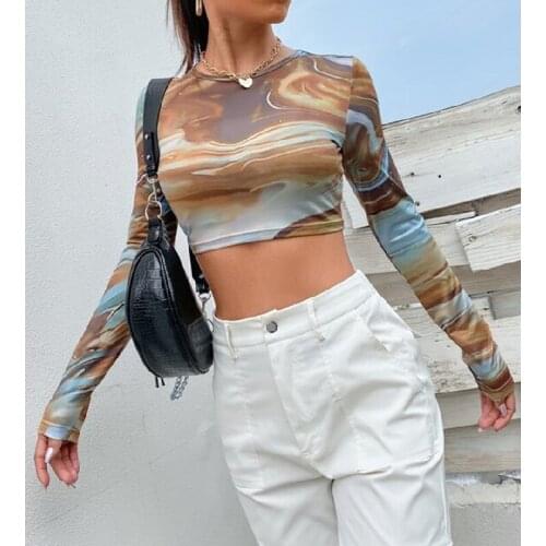 Y2K Female Summer T-shirts Crop Tops Streetwear 2021 Women Tie Dyeing Print Round Neck Long Sleeve T-shirts Pullovers