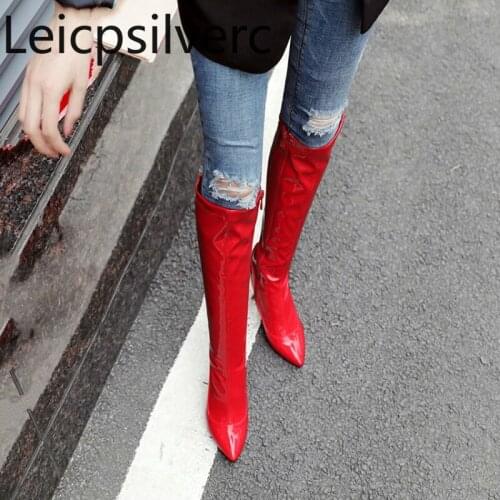 Womens Boots winter new style fashion Solid Pointed zipper Fine heel High heel Womens High Boots plus size 32-48