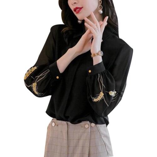 Womens Spring Autumn Style Blouses Shirt Womens Elegant V-neck Embroidery Long Sleeve Casual Loose Tops SP639