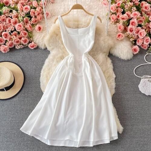 Summer Women White Dress 2021 Elegant Square Collar Spaghetti Strap Sleeveless High Waist A-line Vintage Party Dress Vestidos