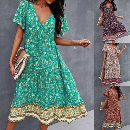 50% Hot Sales!!! Dress Floral Print Soft Casual Elegant V Neck Women Dress for Dating