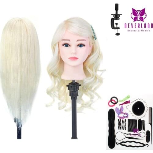 20'' 100% Real Human Hair Hairdressing Training Head for Barber White Hair Curling Practice Dummy Doll Mannequin Head+ Gift